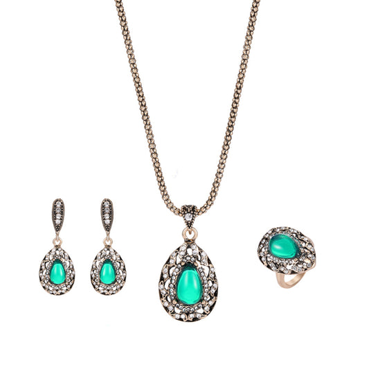 Women Retro Rhinestone Pendant Necklace Earrings Ring Bridal Wedding Jewelry Set