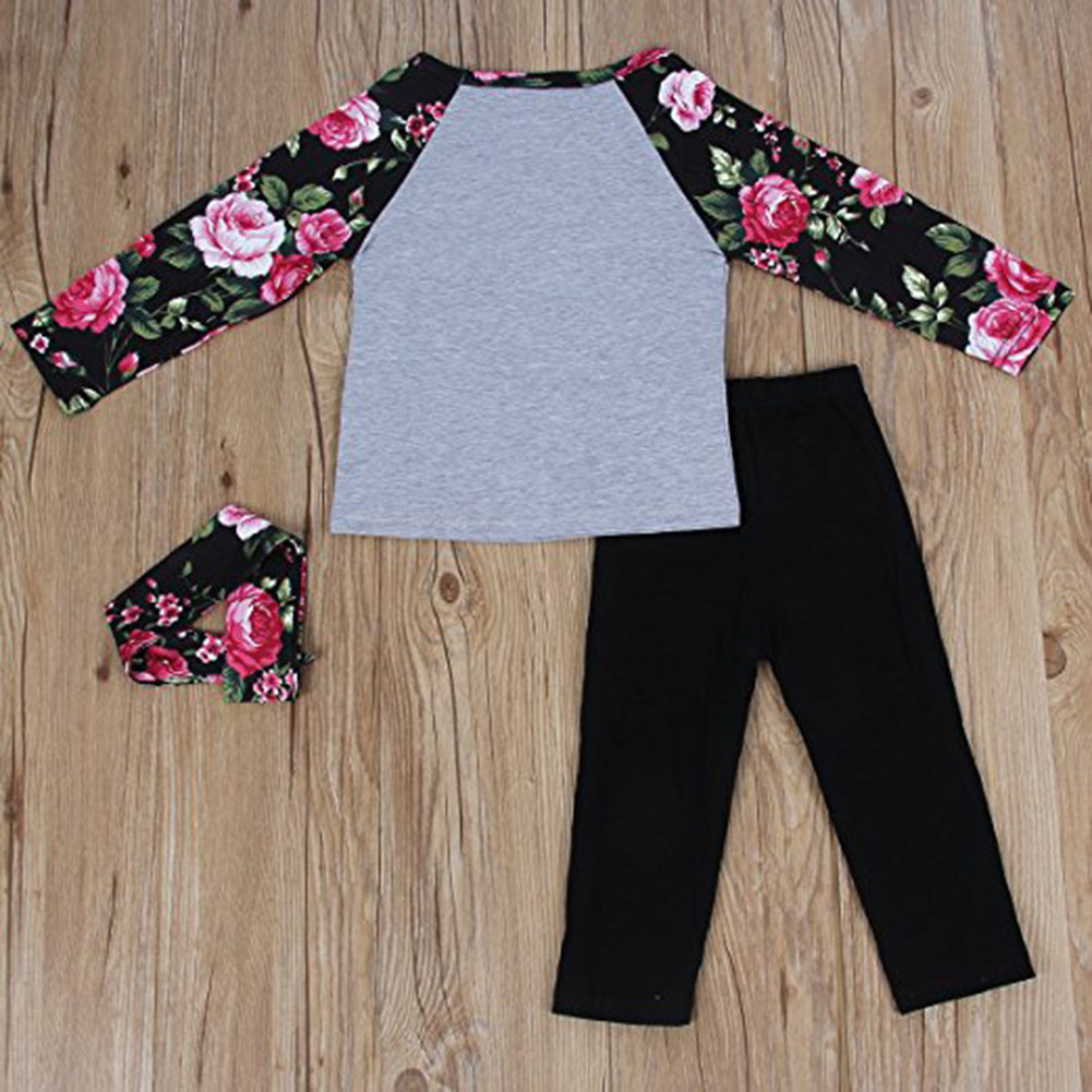 Baby Kids Girls Letters Floral Long Sleeve Autumn Pullover Pants Headband Outfit
