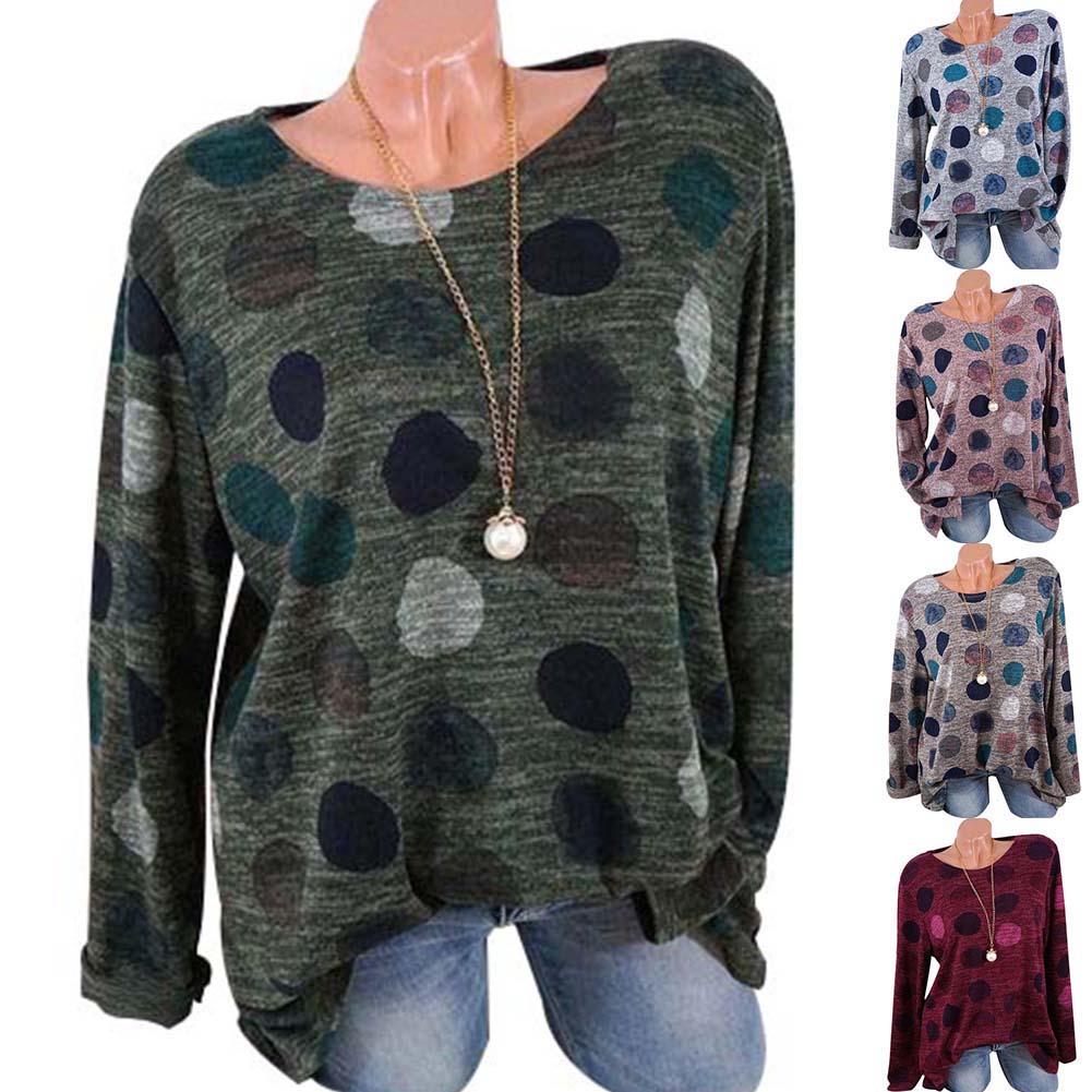 Fashion Dot Printed Round Neck Long Sleeve Women Casual Pullover T-shirt Top