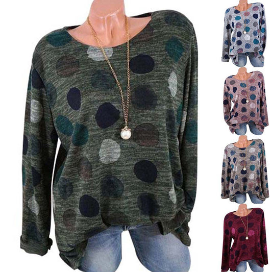 Fashion Dot Printed Round Neck Long Sleeve Women Casual Pullover T-shirt Top