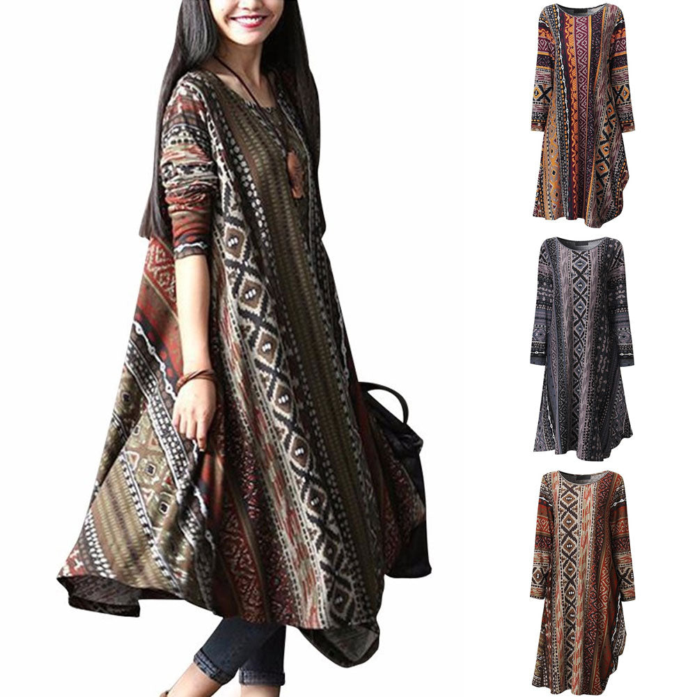 Retro Printed Round Neck Long Sleeve Irregular Women's Casual Loose Long Dress