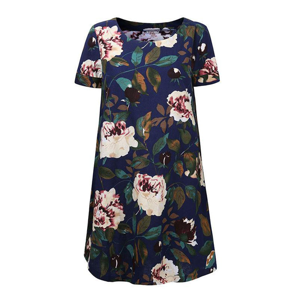 Summer Women Floral Print Short Sleeve Long Shirt Plus Size Loose Mini Dress