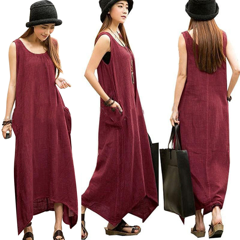 Boho Plus Size Sleeveless Casual Loose Solid Color Irregular Hem Long Maxi Dress