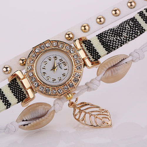 Women's Inlaid Rhinestone Leaf Shell Rivet Faux Leather Braided Band Wrist Watch