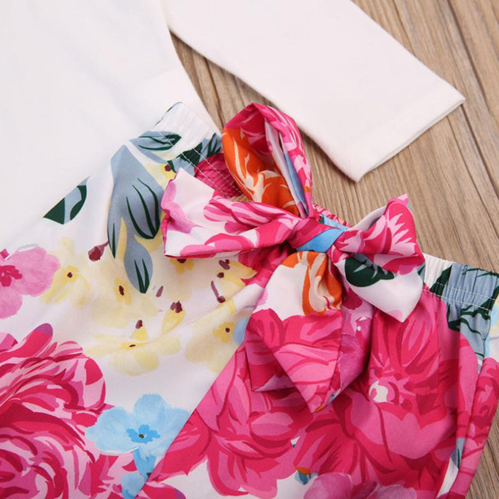 Newborn Baby Girl 3 Pcs Outfit Flower T-shirt Floral Pants Bowknot Hairband Set