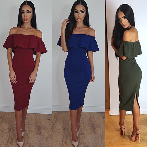 Women Off the Shoulder Ruffled Collar Bodycon Package Hip Party Club Sexy Dress