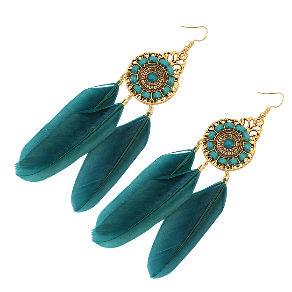 Vintage Women Long Feather Round Hollow Circle Hook Earrings Party Jewelry Gift