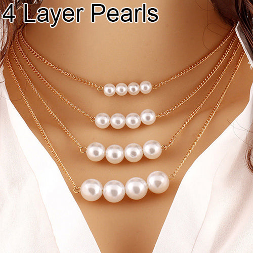 Women Multilayer Faux Pearl Rhinestone Pendant Choker Chain Necklace Jewelry