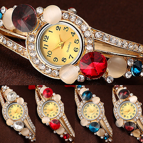 Women Retro Hollow Faux Opal Rhinestone Inlaid Cuff Bangle Wrist Watch