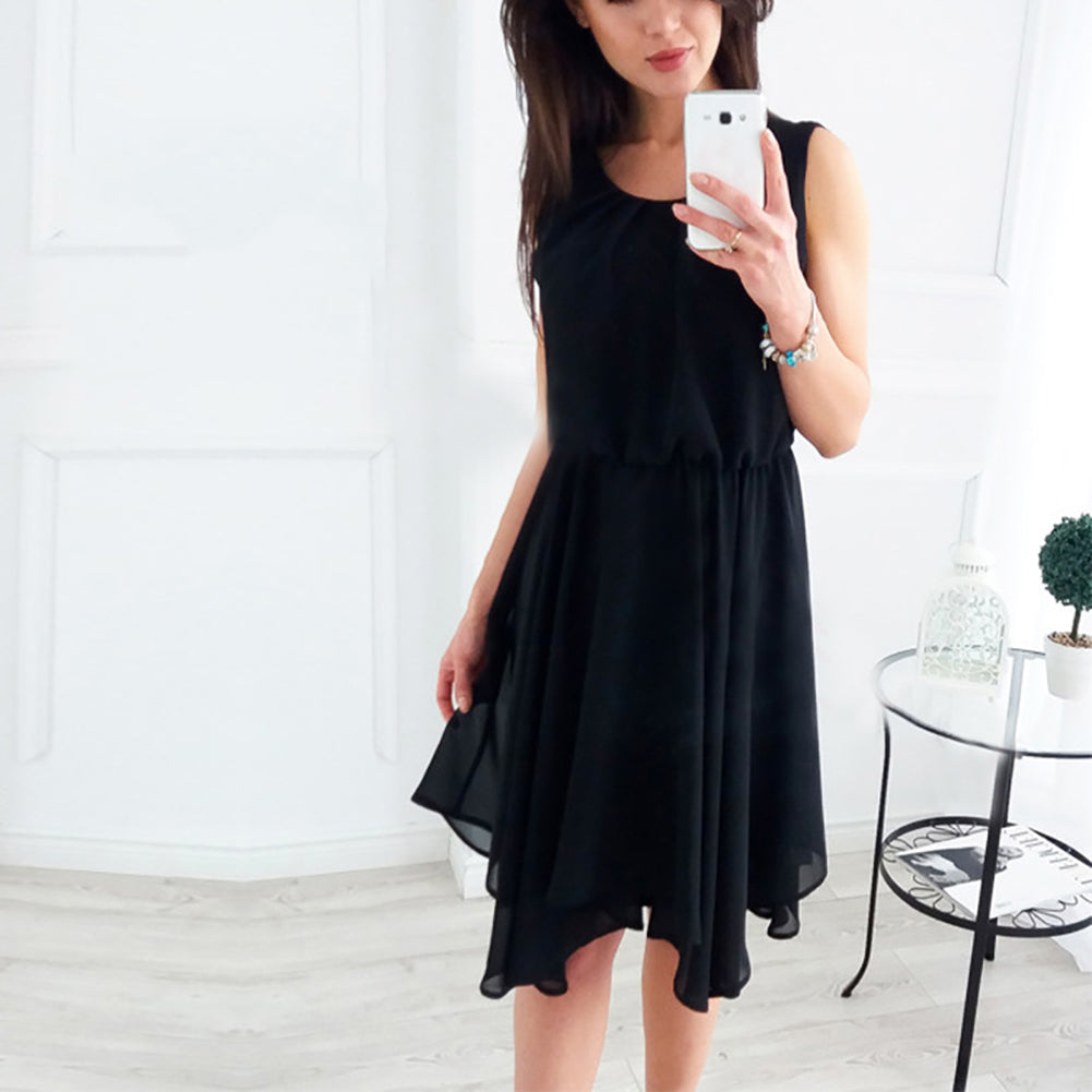 Summer Fashion Women Sleeveless Solid Color Irregular Hem Chiffon Casual Dress