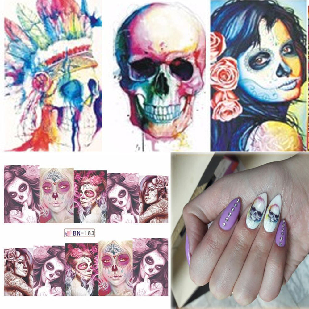 24Pcs Halloween Cartoon Skull Water Transfer Manicure DIY Tips Nail Art Stickers