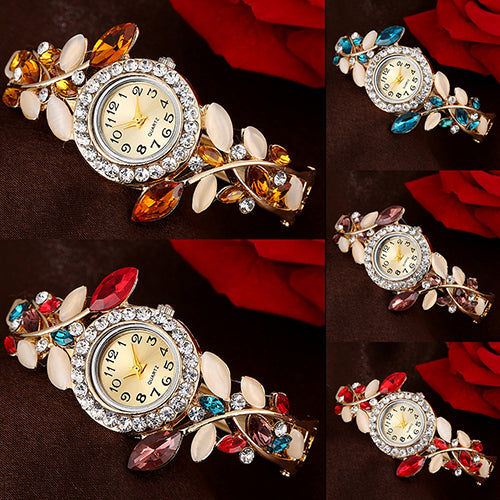 Women's Leaves Round Dial Rhinestone Inlaid Bracelet Quartz Dress Wrist Watch