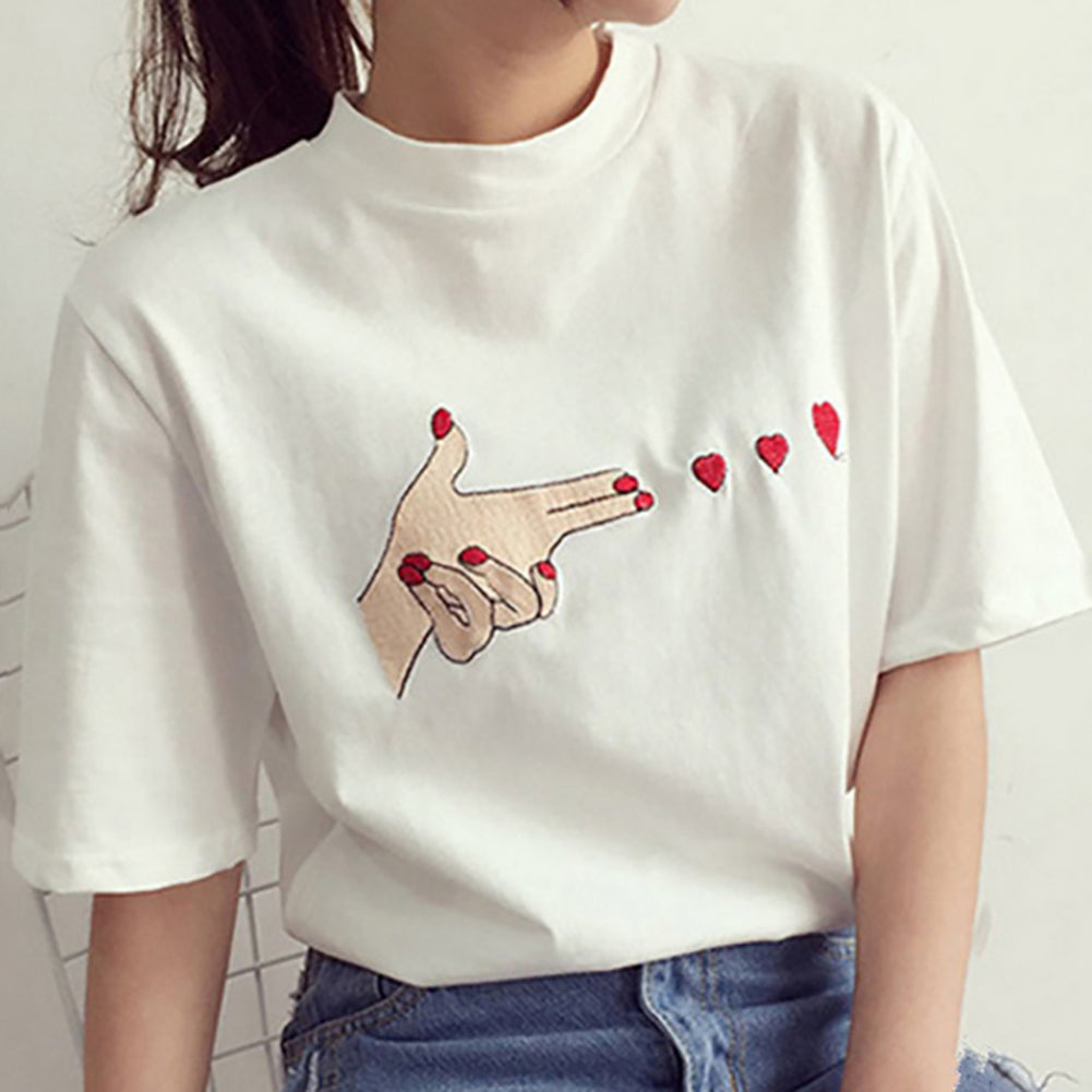 Women Summer Fashion Causal Finger Heart Hand Short Sleeves T-shirts Blouse