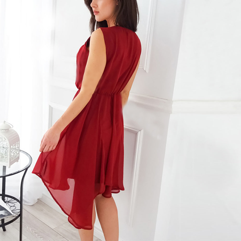 Summer Fashion Women Sleeveless Solid Color Irregular Hem Chiffon Casual Dress