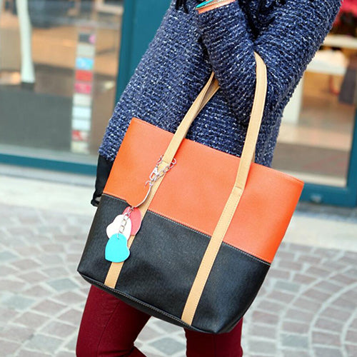 Color Block Faux Leather Messenger Bag Satchel Heart Purse Shoulder Handbag