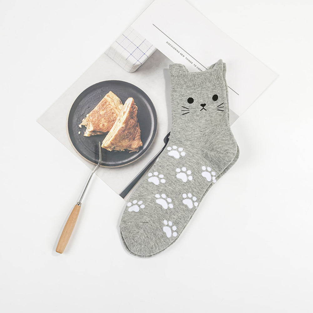 Lovely Candy Color Cartoon Cat Paw Print Women Cotton Soft Warm Short Socks