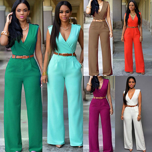 Women Sleeveless V-Neck High Waist Wide Leg Romper Pants Jumpsuit with Belt