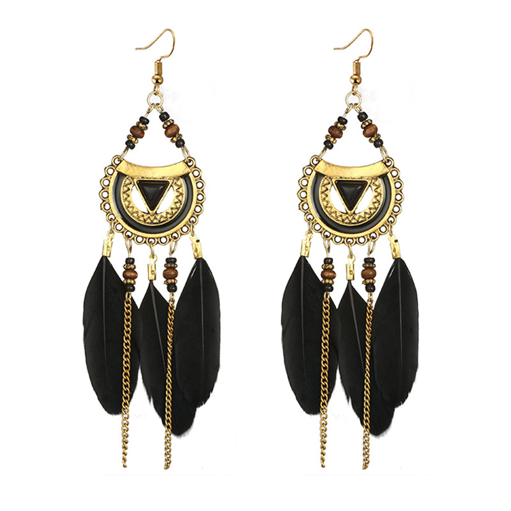 Women Retro Ethnic Hollow Feather Tassel Hook Earring Chain Bead Jewelry Gift