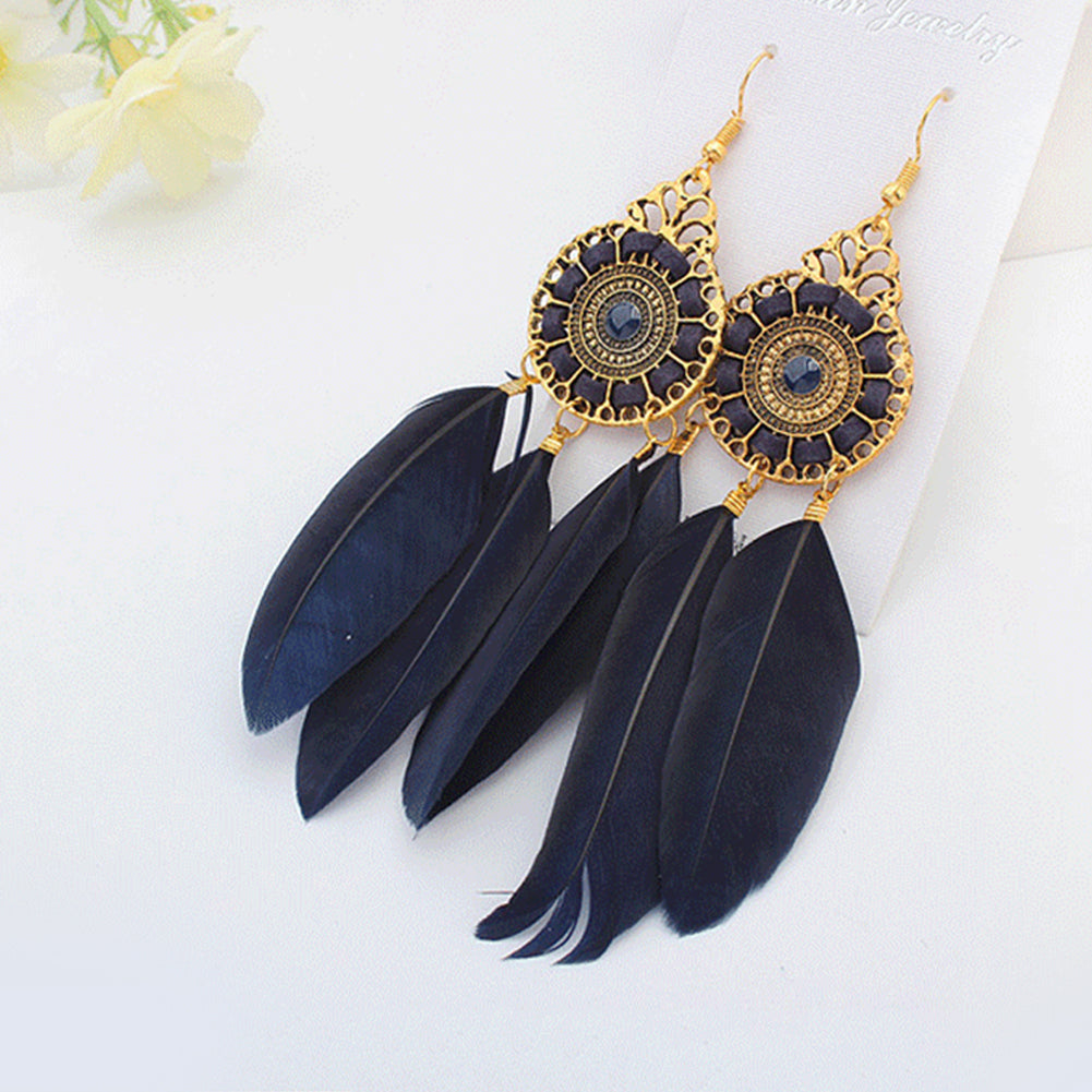 Vintage Women Long Feather Round Hollow Circle Hook Earrings Party Jewelry Gift