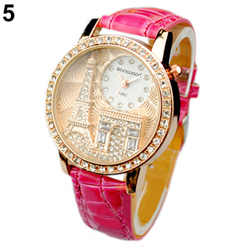 Fashion Women Lady Eiffel Tower Dial Faux Leather Band Quartz Wrist Watch