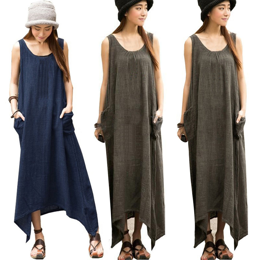 Boho Plus Size Sleeveless Casual Loose Solid Color Irregular Hem Long Maxi Dress