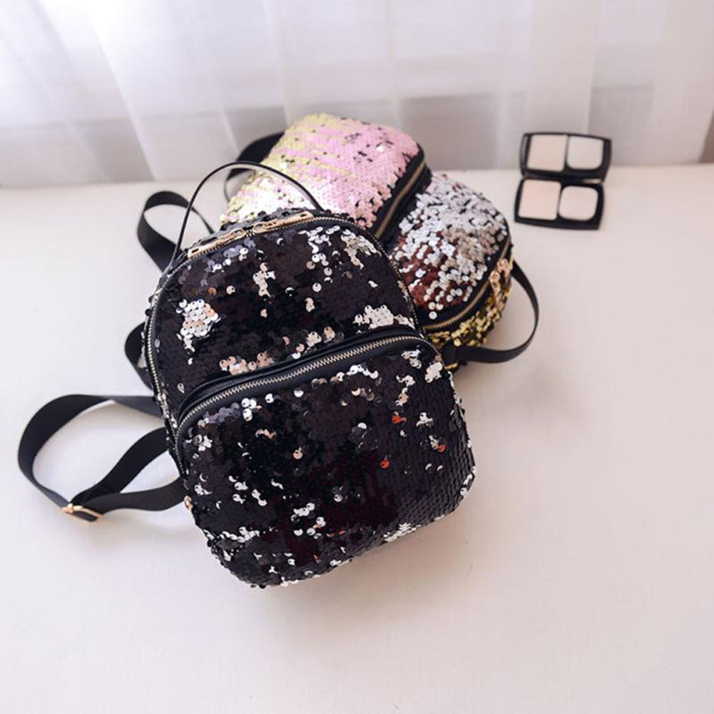 Bling Sequins Travel School Backpack Fashion Women Faux Leather Shoulder Bag