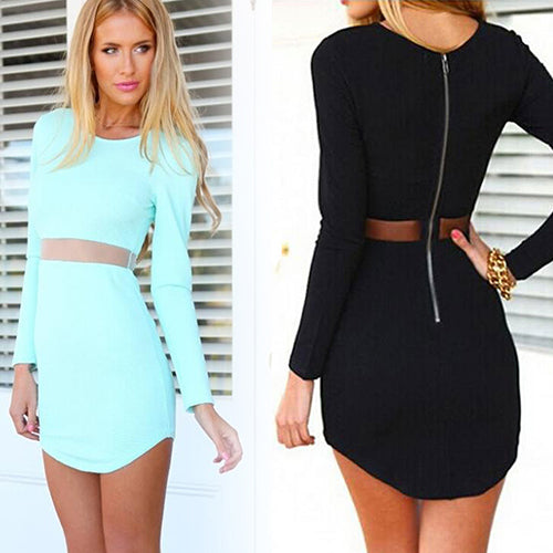 Women's Sexy Stretch Bodycon Long Sleeve O-neck Irregular Above-knee Mini Dress