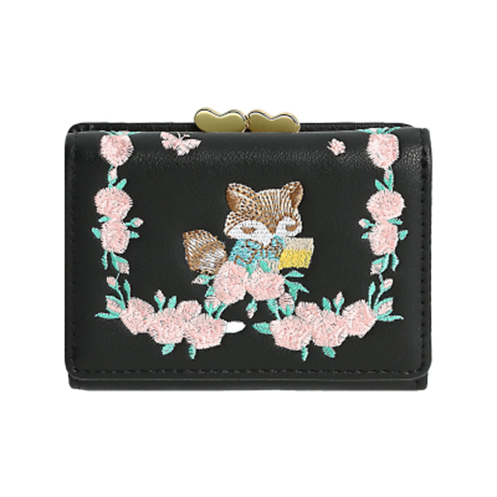 Lovely Faux Leather Little Fox Floral Embroidery Short Wallet Women Purse Gift