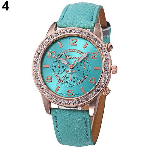 Fashion Women Geneva Rhinestone Big Dial Faux Leather Analog Wrist Watch Gifts