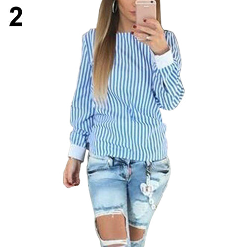 Women's Sexy Bowknot Backless Striped Slim Blouse Shirt Long Sleeve O Neck Top