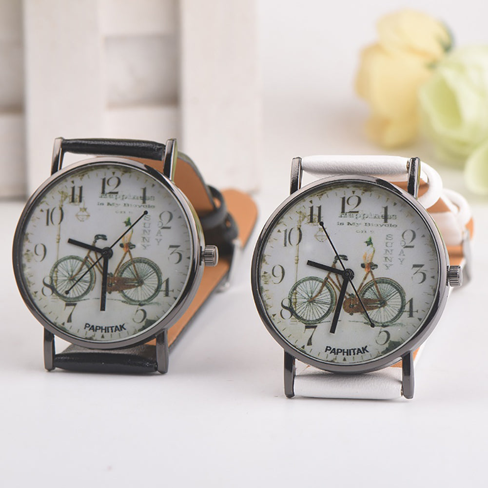 Vintage Bike Print Round Dial Analog Faux Leather Band Quartz Women Wrist Watch