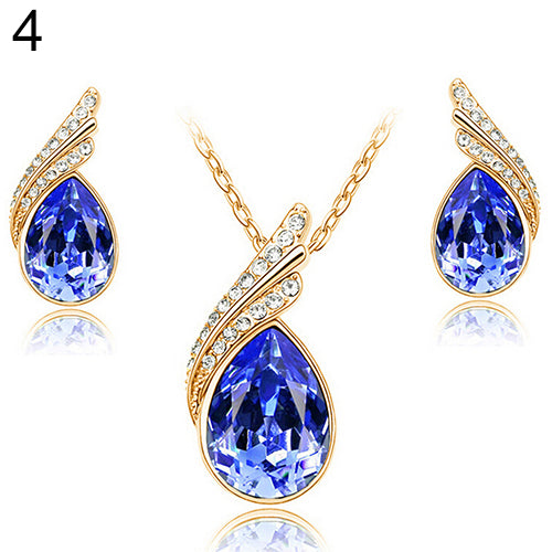 Women's Party Banquet Waterdrop Jewelry Set Crystal Pendant Necklace Earrings Golden Tone