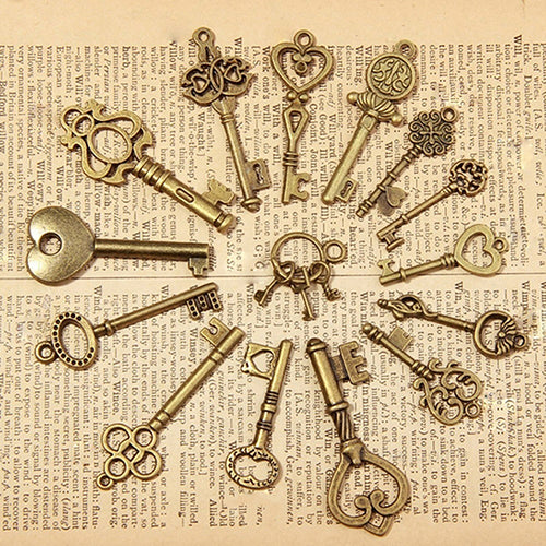 15 Pcs Antique Vintage Old Look Bronze Keys Heart Bow Pattern Necklace Pendant