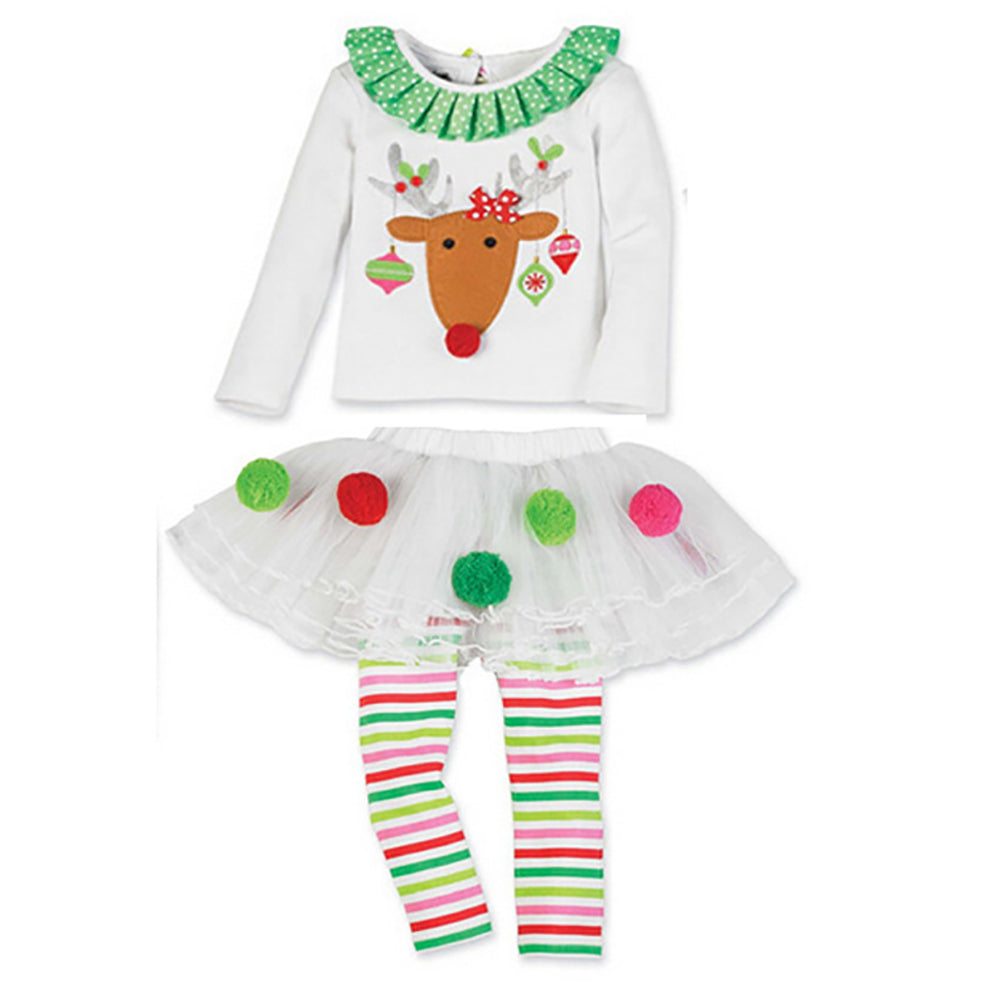Christmas Kids Baby Girls Reindeer Top Stripe Tutu Pantskirt Set Clothes Outfits