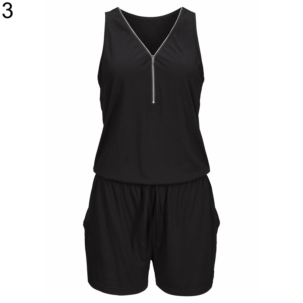 Sexy Women Beach Zipper V-Neck Sleeveless Slim Jumpsuit Romper Playsuit Shorts