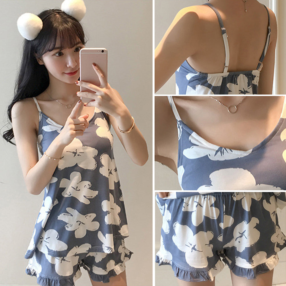 Fashion Lovely Flower Floral Sleeveless Top Shorts Women Sleepwear Pajamas Set