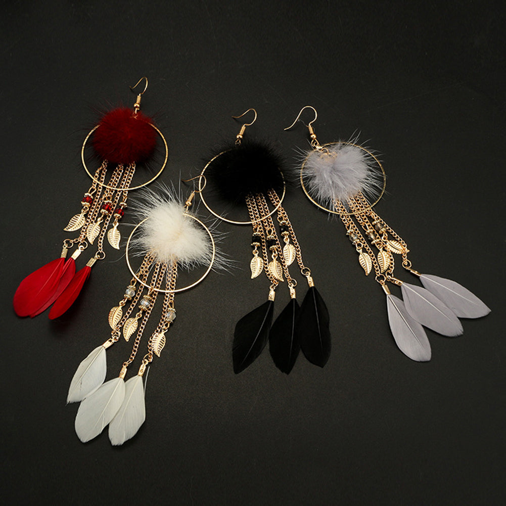 Women Hook Earrings Fur Ball Leaf Fringed Big Ring Long Pendant Feather Jewelry