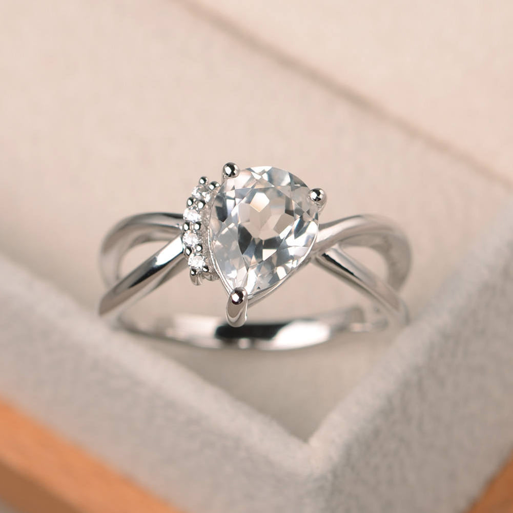 Fashion Women Drop Pear Faux Gem Rhinestone Inlaid Slim Band Party Ring Jewelry