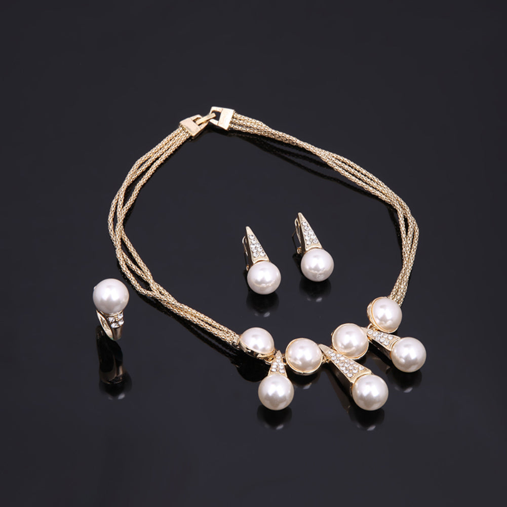 Wedding Bridal Necklace Earrings Bracelet Ring Faux Pearl Fashion Jewelry Set