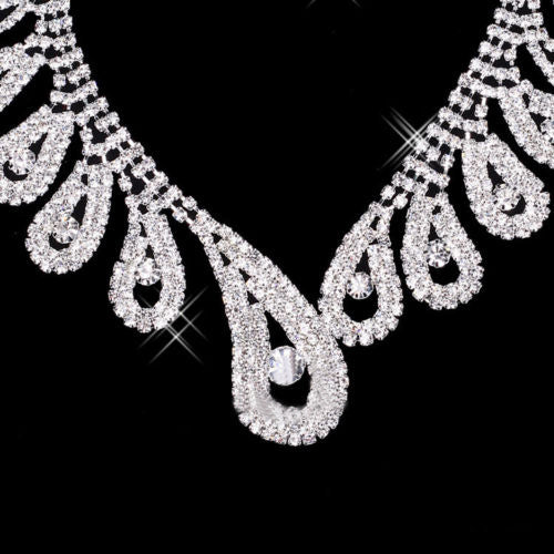 Women Luxury Elegant Rhinestone Teardrop Necklace + Earrings Bridal Jewelry Set