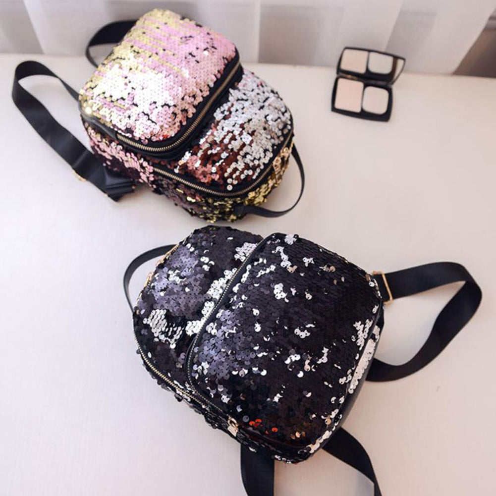Bling Sequins Travel School Backpack Fashion Women Faux Leather Shoulder Bag