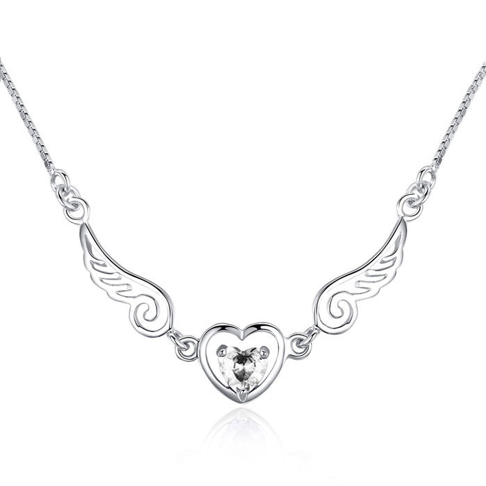 Women Fashion Angel Love Hollow Heart Shiny Rhinestone Wing Pendant Necklace