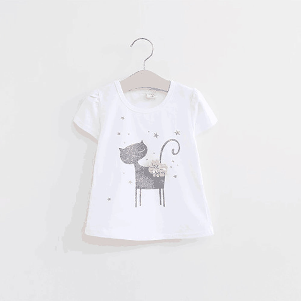 Kids Girls Fashion Cat Pattern T-shirt Short Sleeve Dancewear Party Tutu Skirt Set