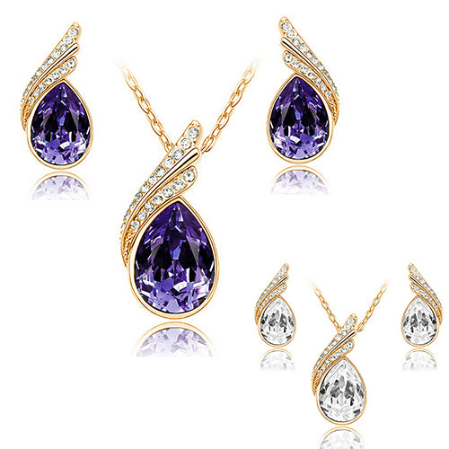 Women's Party Banquet Waterdrop Jewelry Set Crystal Pendant Necklace Earrings Golden Tone