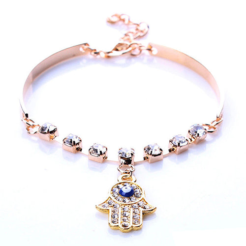 Women Hamsa Fatima Hand Pendant Good Luck Shiny Rhinestone Bracelet Jewelry