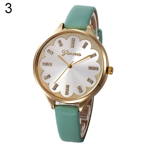 Hot Women Flower Dial Rhinestone Geneva Wristwatch Slim Faux Leather Band Watch