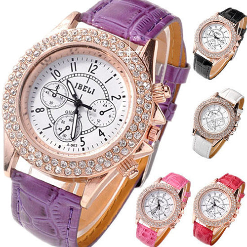 Women Shiny Rhinestone Decorated Bezel Analog Quartz Faux Leather Wrist Watch