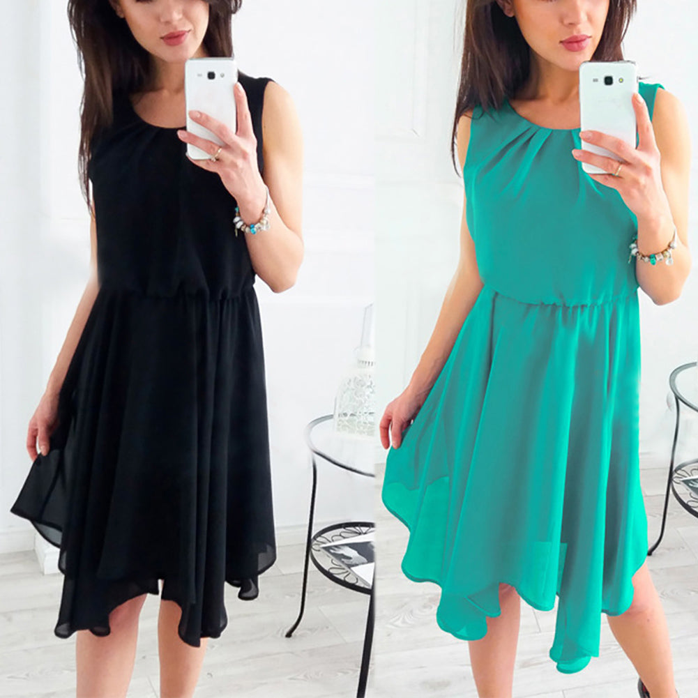 Summer Fashion Women Sleeveless Solid Color Irregular Hem Chiffon Casual Dress