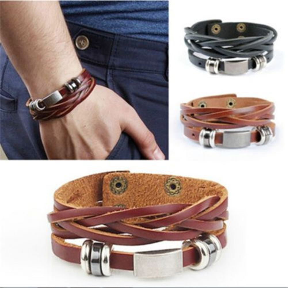 Men Vintage Braided Faux Leather Stainless Steel Cuff Bangle Bracelet Wristband