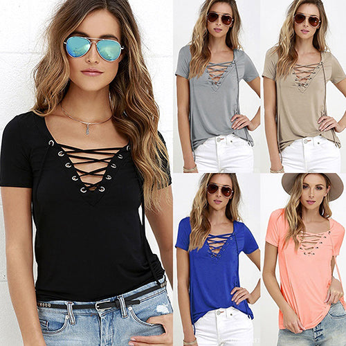 Women Summer Plus Size Sexy Top casual Strappy V-Neck Tees Fashion T-Shirt